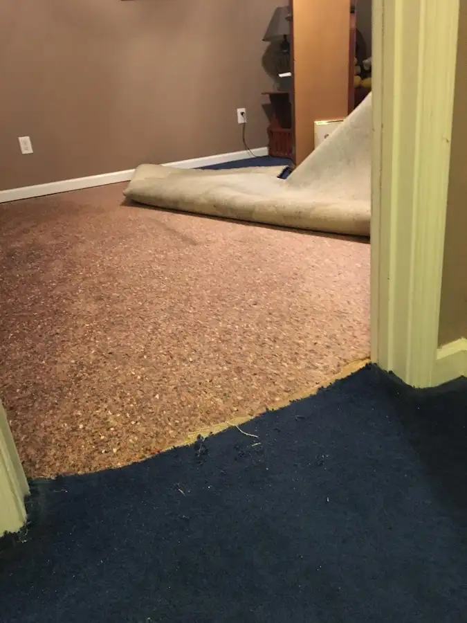 Carpet pad removal revealing water damage during Water Mitigation Services in Rexburg